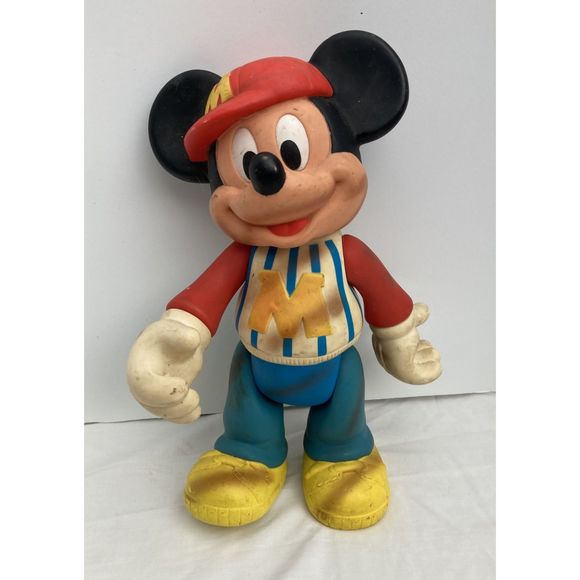 Vintage 70's Mickey Mouse Baseball Player - Posable Rubber-Like Plastic Doll - Picture 1 of 8